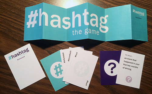 Picture of Hashtag the card game on a table.